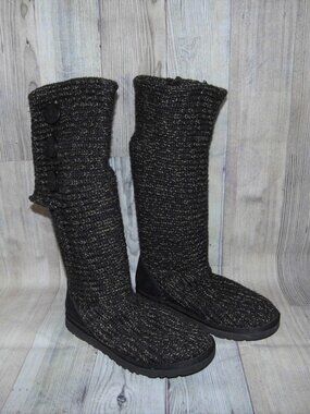 UGG Classic Cardy Black/Gold Knit/Sheepskin(Footbeds) Boots Womens Size 7